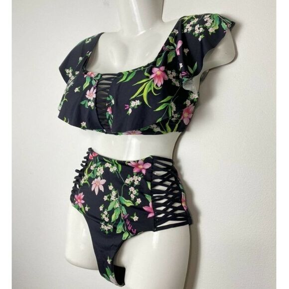 TiNi BiKiNi Black floral flounce high waisted 2 piece Xlarge bikini - Picture 5 of 16